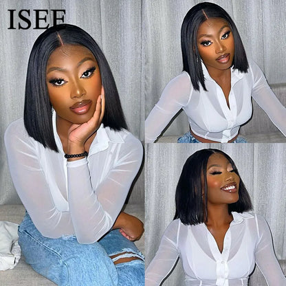 ISEE HAIR Wear And Go Glueless Human Hair Wig Bob HD Lace Straight Short Bob 6x4 Lace Frontal Pre Plucked Human Wigs Ready To Go