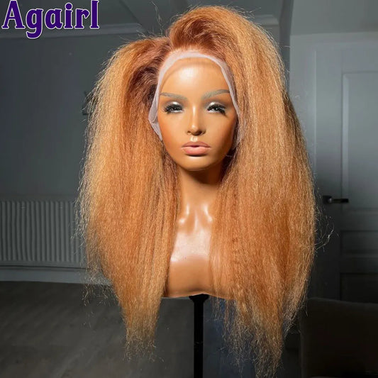 180% Orange Brown Yaki Kinky Straight Human Hair Wigs 13x4 13x6 HD Lace Frontal Wig Pre Plucked Glueless 6x4 Lace Wigs for Women